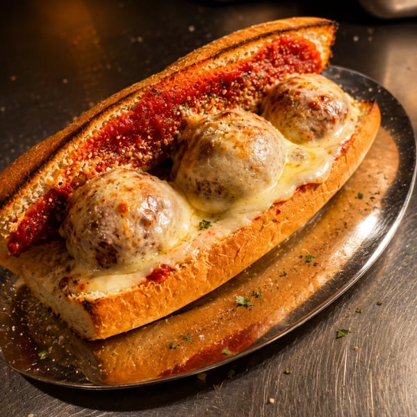 Meatball sub sandwich with melted cheese and marinara sauce on a metal tray.