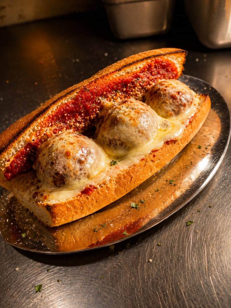 Meatball sub sandwich with melted cheese and marinara sauce on a metal tray.