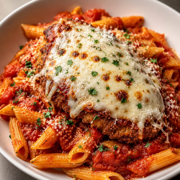 Chicken parmesan with melted cheese and penne pasta in red sauce, garnished with parsley.