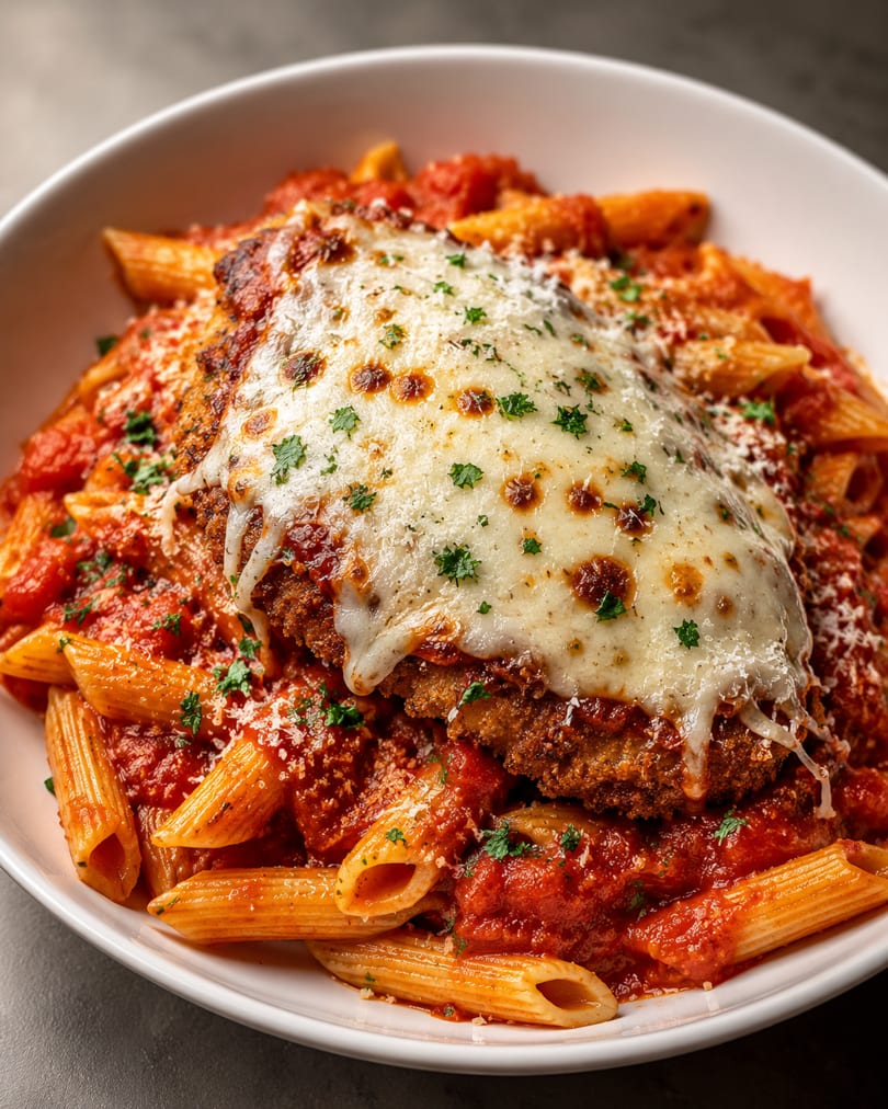Chicken parmesan with melted cheese and penne pasta in red sauce, garnished with parsley.